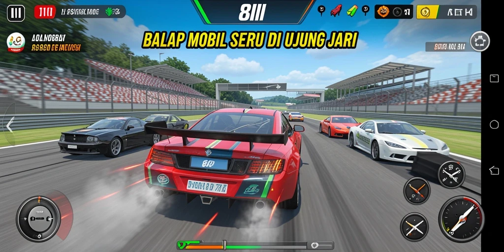 Gameplay menegangkan dengan balap mobil di berbagai trek.