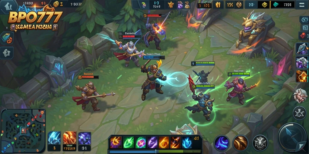 Tangkapan layar BPO777 menampilkan pertarungan seru dalam gameplay MOBA.