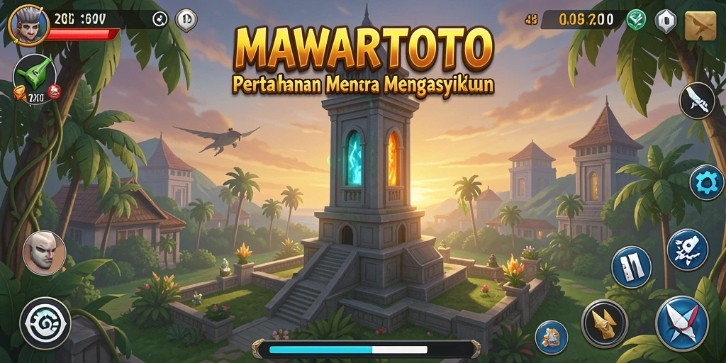 Tampilan menara dan musuh dalam gameplay Tower Defense MAWARTOTO.
