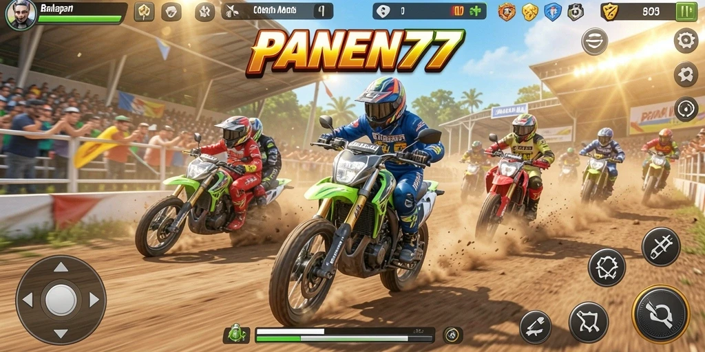 Tampilan tangkapan layar gameplay <strong>PANEN77</strong> yang menampilkan balapan motor yang seru.