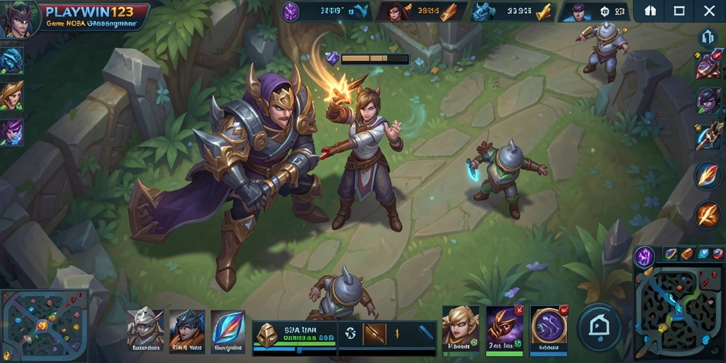 Screenshot gameplay <strong>PLAYWIN123</strong> menampilkan aksi intens dalam pertarungan tim.