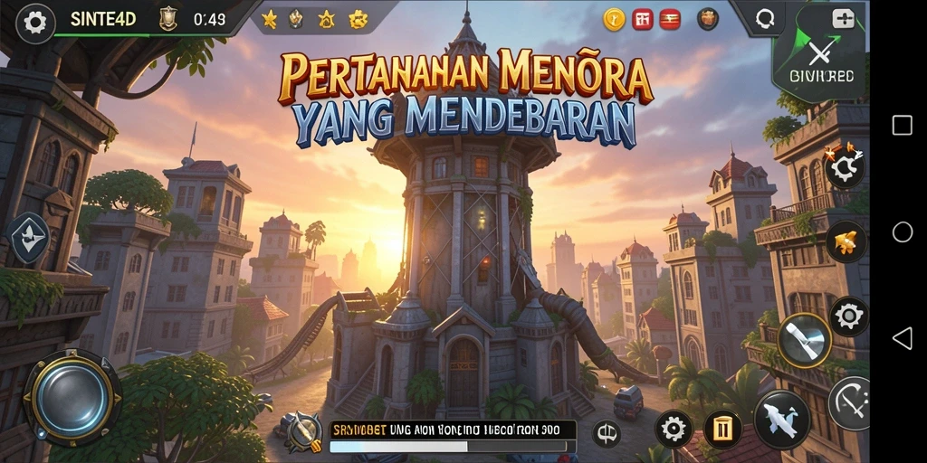 Tampilan gameplay SINTE4D menampilkan pertahanan menara yang strategis.
