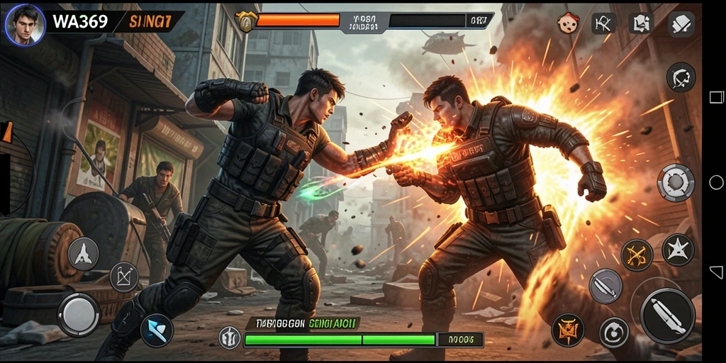 Screenshot gameplay WA369 menampilkan aksi pertarungan yang intens dan grafis menawan.